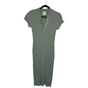 Varley Dress XS Aria Knit Midi Dress Cotton True Knit Sage Green Ribbed Bodycon